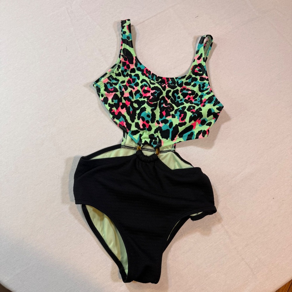 Art Class One Piece Swimsuit Kids L 10/12 Black Neon Leopard Cutout 90s Inspired